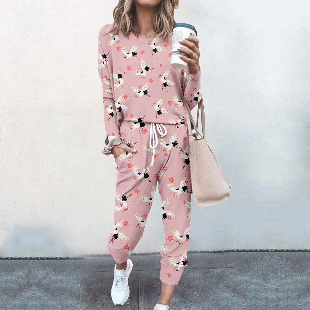 High-End Fashion Sports Sweater Set Women'S Autumn Loose Casual Long-Sleeved Printed Top Bundle Leg Pants Two-Piece Set