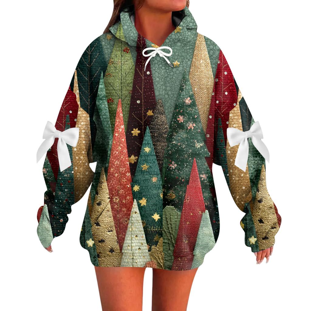 Ladies' Christmas Printed Bow Long Sleeved Loose Fitting Headband With Rope Hooded Sweatshirt Top