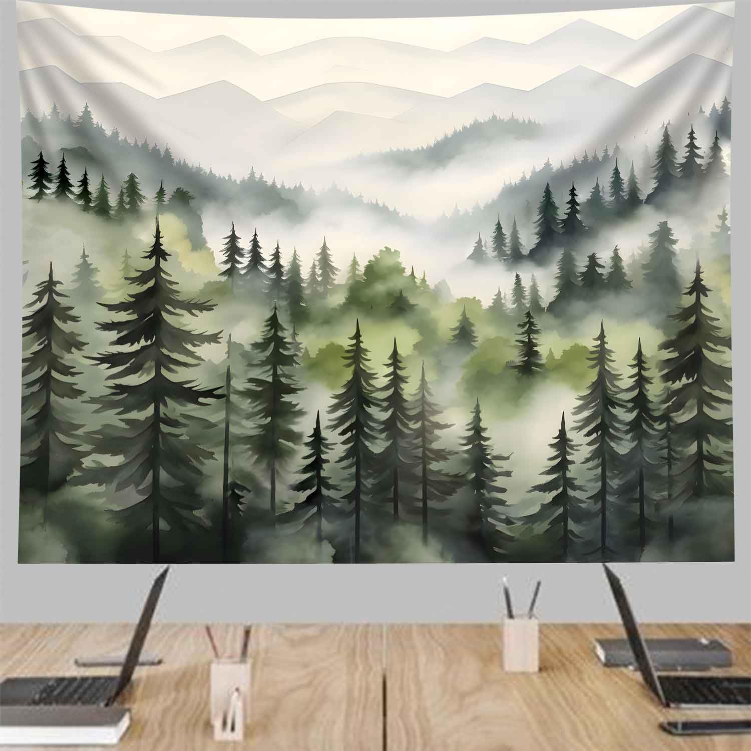 TUGCAY Misty Mountain Forest Tapestry, Green Nature Foggy Watercolor Tree Tapestries Landscape Scenery Tapestry Wall Hanging for Bedroom Living Room 51 L x 60 W