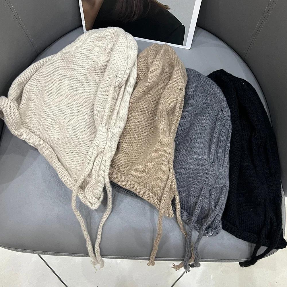 Pop Stil Show Gesicht Kleiner Stapelhut Kordelzug Baggy Slouchy Beanie Damen Herbst Ohrwärmer Skullies Mütze Einfarbige Strickmütze