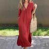 2026 European Beautiful Woman Summer Explosion On Both Sides Slit V-neck 7-point Sleeve Chest Pleated Dress