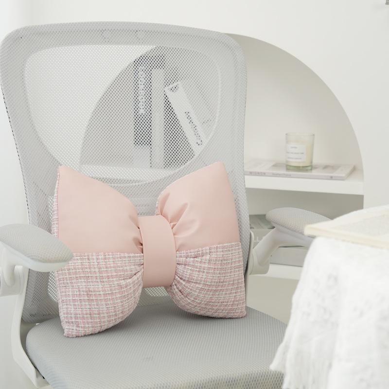 Pink Bow Ribbon Couch Pillow Imitation Rabbit Fur Comfortable Car Seat Cushion Ins Style Simple Back Cushion