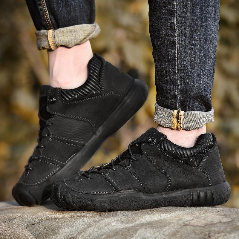 Fashion Hiking Shoes Men Genuine Leather Cowhide Trekking Boots Trend Black Sports Top Quality Outdoor Walking Sneakers Non Slip Casual