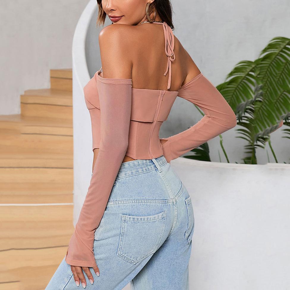 European and American Sexy Mesh Lace-up One-word Shoulder Long-sleeved Top, Women's Clothing Neck-hanging See-through Horn-sleeved Top