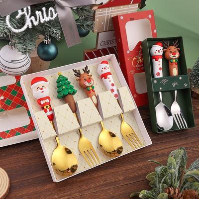 Reindeer Cartoon Christmas Spoon & Fork Set - Cute Stainless Steel Gift In Color Box