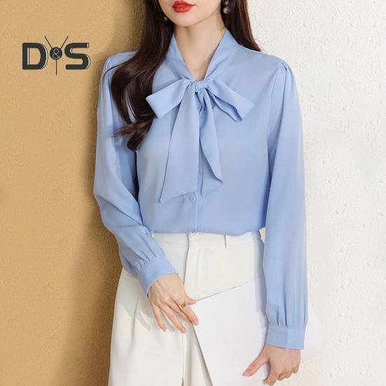 Women Shirt Lace-up Bowknot Collar Long Sleeve Casual Shirt Solid Color Loose Fit Chiffon Shirt Tops Daily Wear