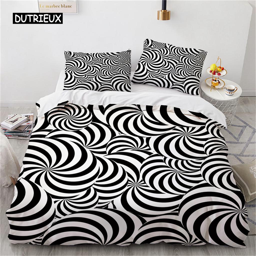 Duvet Cover Psychedelic Spiral Swirl Quilt Cover Abstract Art Black White Geometric Checkered Bedding Set for Bedroom Decoration