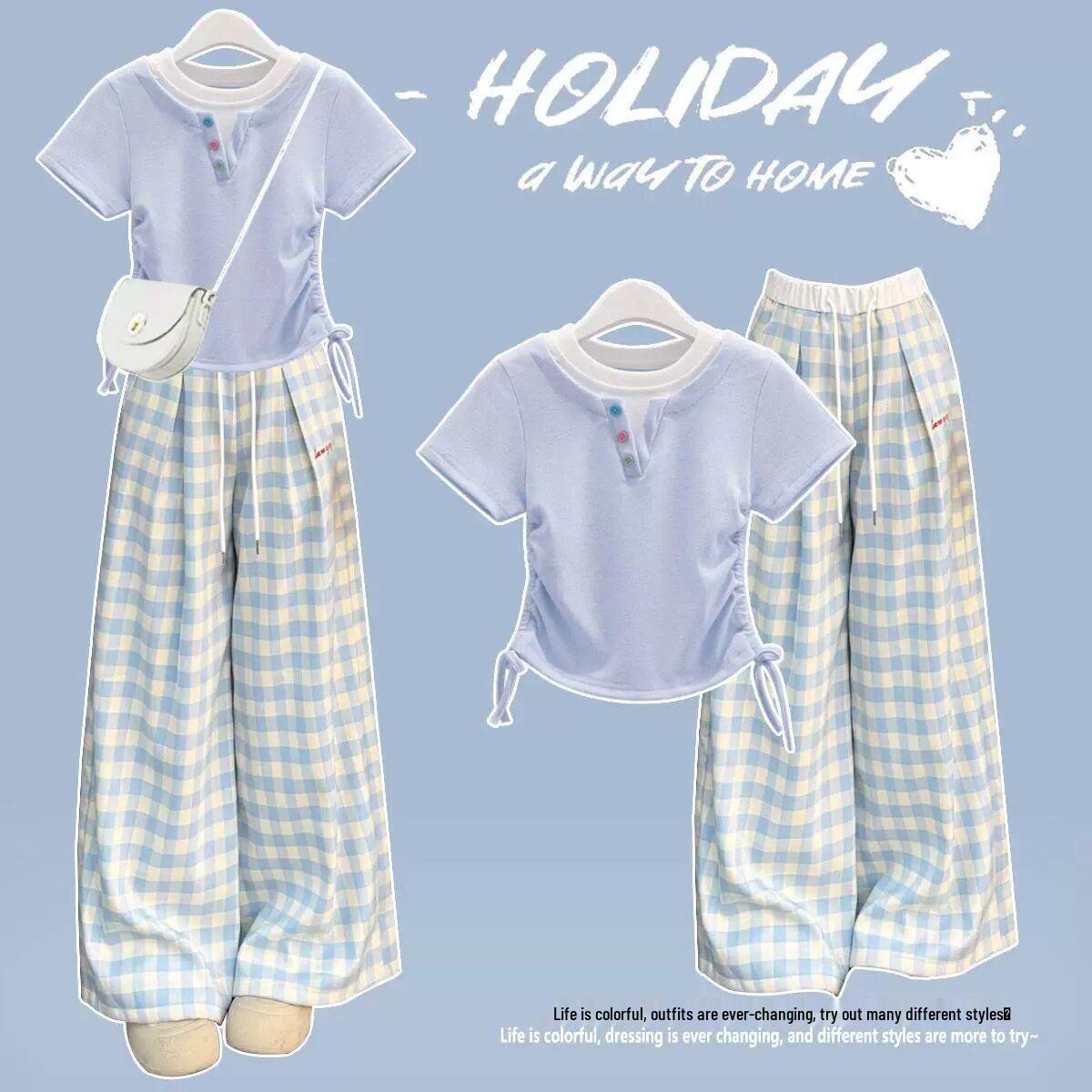 Girls Korean Style Plaid Pants Set – Summer Casual Two-Piece with Short Sleeves 130 cm