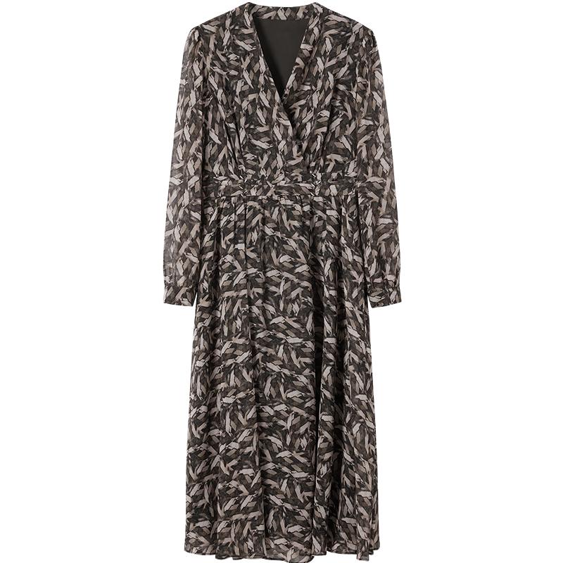 JUZUI Women's 2026 Spring Elegant Geometric Print Chiffon Cinch Waist Dress