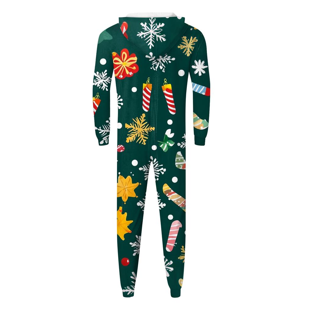 Christmas Print Family Matching Hooded Long Sleeved Zippered Jumpsuit Set