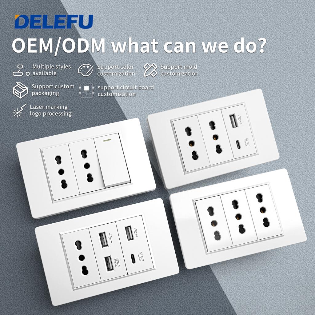 DELEFU Italian Standard White 118 Type Wall Switch Socket with USB + TYPE-C Socket Is Suitable for Hotels and Households.