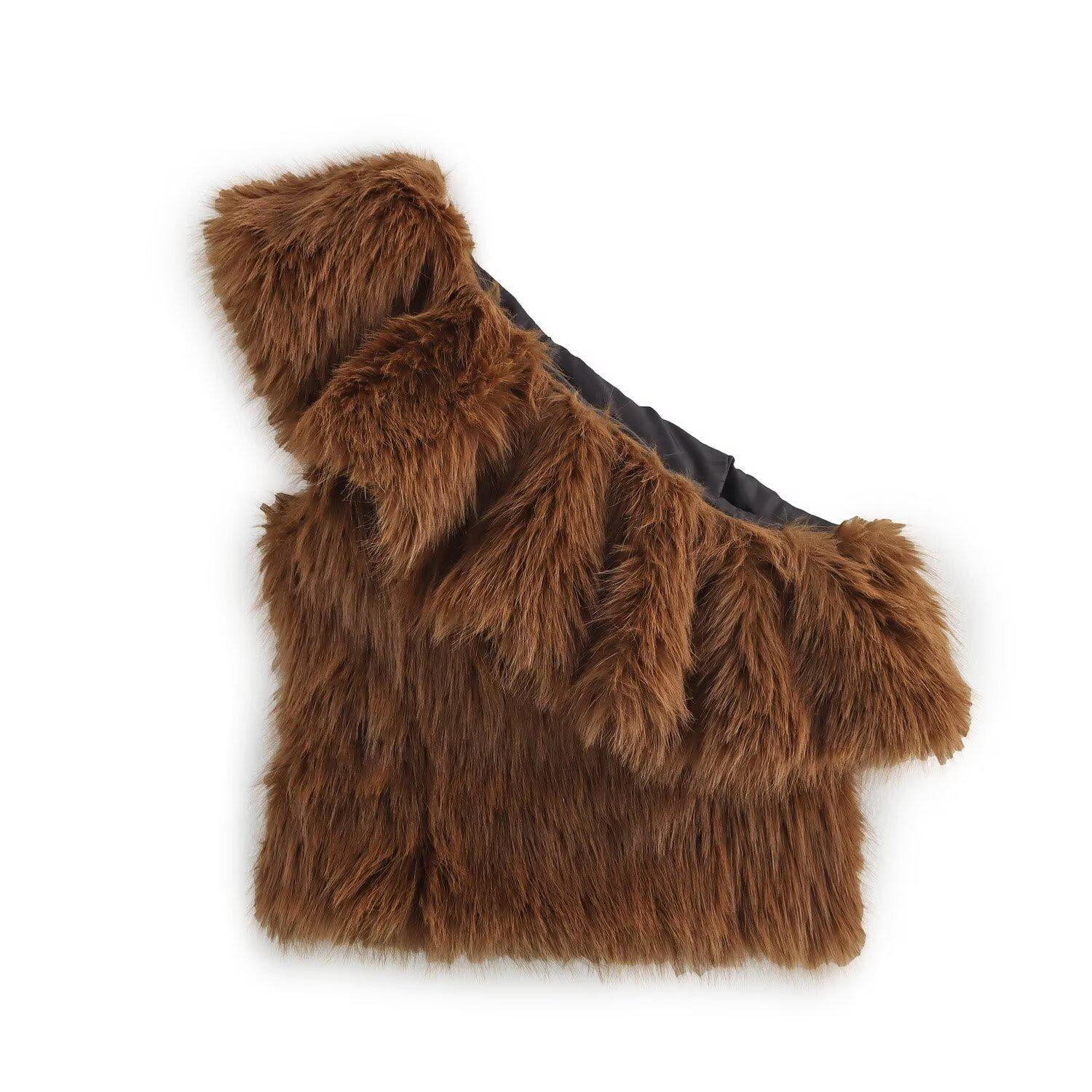 

Зима 2024 Женский Европейский и Американский Стиль Меховой Топ на Одно Плечо Large коричневый