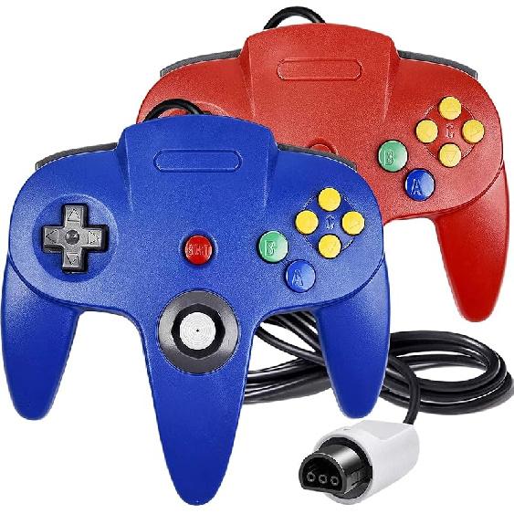 Classic 64 Wired Controller Joystick for N64 Game System N64 Console (2Packs, Black) Red and Blue