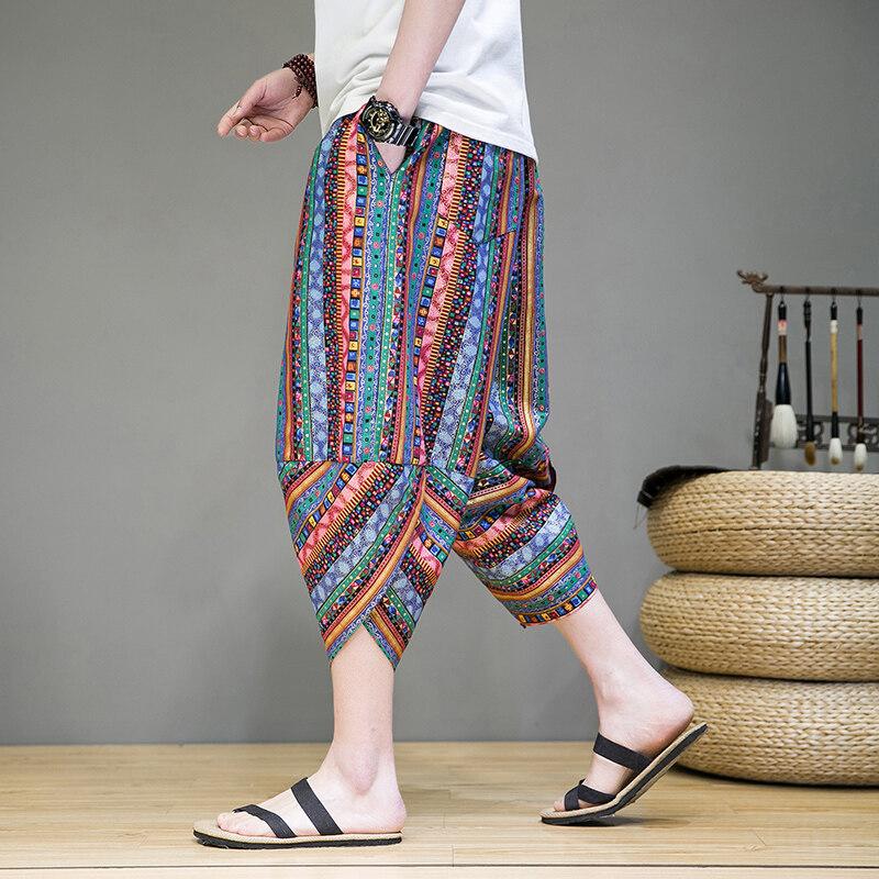 2025 Sommer Herren Ethno-Stil Haremshose Herren Gestreifte Druckhose Herren Japanische Streetwear Hose Herren Patchwork Wadenlange Hose
