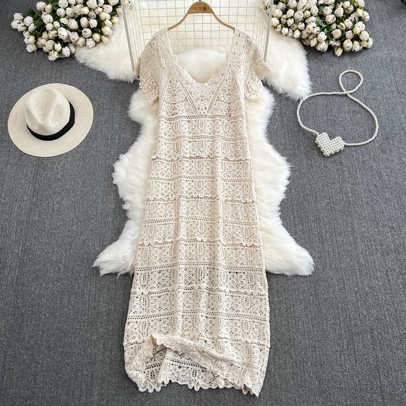 French Summer V Neck A- Line Crochet Cut Out Lace Long Dress