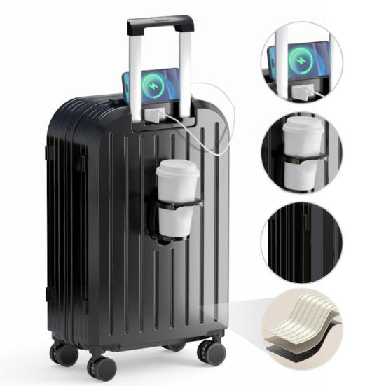 20 Inch Suitcase Hard Shell Scratch-resistant Surface with USB Interface Cup Holder
