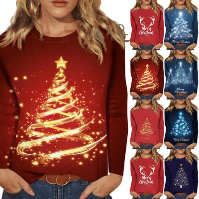 Women's Fashionable Casual Round Neck Christmas Printed Long Sleeved T-shirt Top
