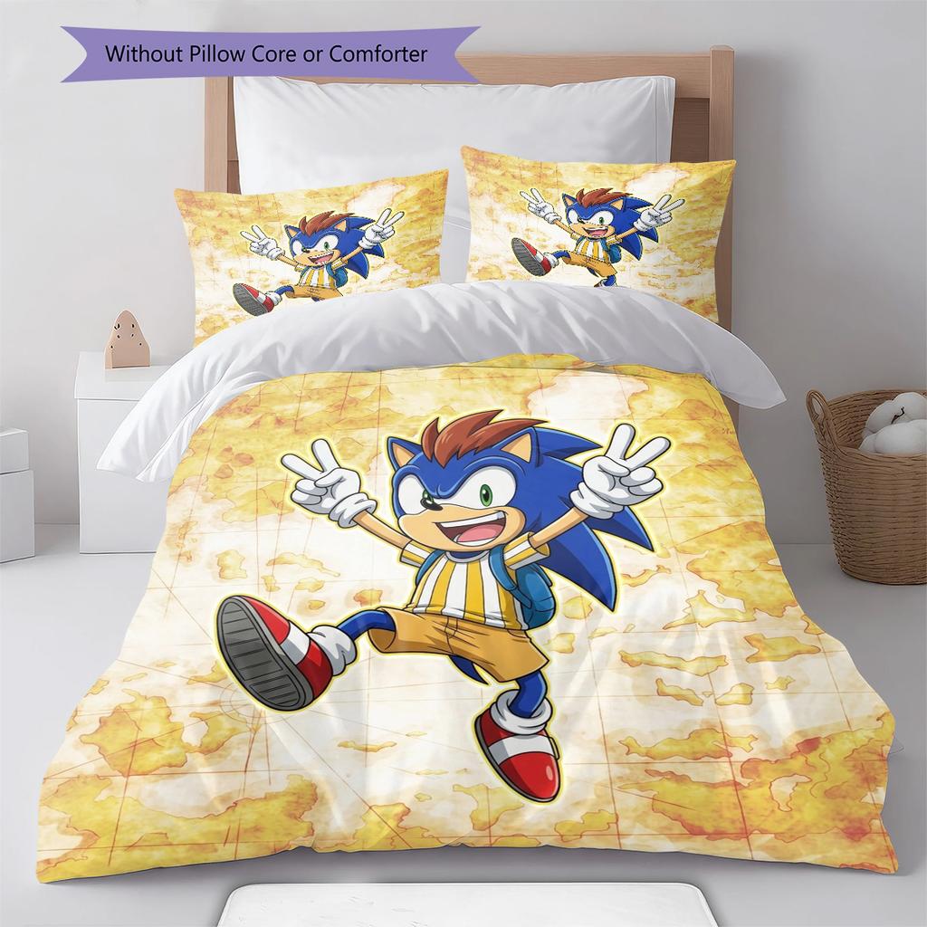 Sonic Hedgehog Pattern Bedding Quilt Set Quilt Cover Pillowcase Home Birthday Gift(1 * Duvet Cover + 2 * Pillowcase, Without Core)
