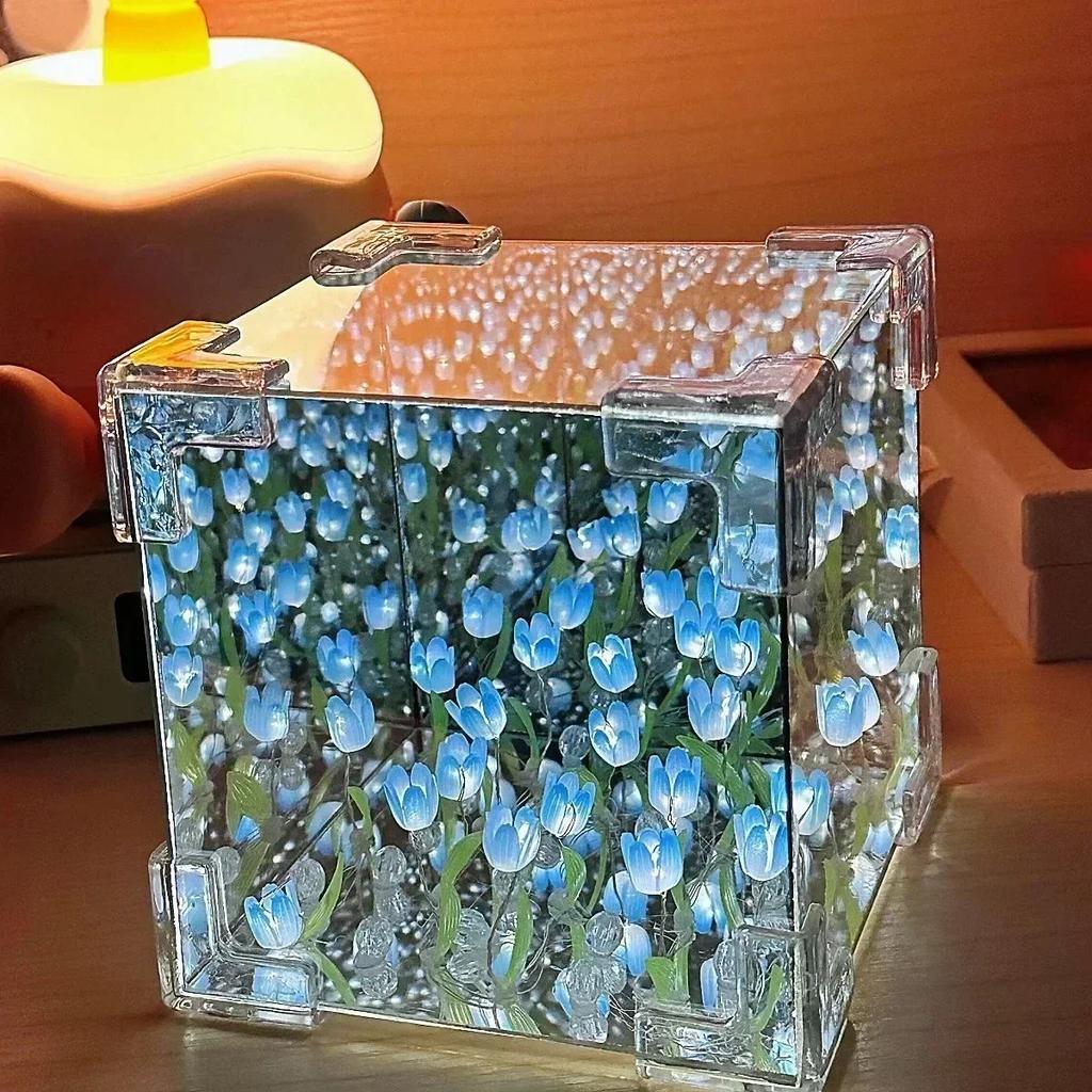 Tulip Mirror Cube Lamp Simulation Flower Bedroom Sleeping DIY Table Lamp Handmade Craft Tulips Mirror Night Light Birthday Gift