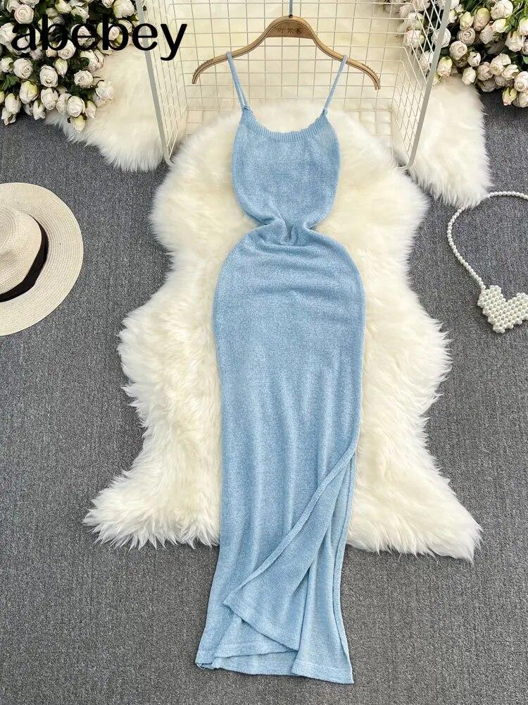 Blue/purple Summer Knit Sexy Strap Dress Women Tank Elatic Waist Bodycon Sundress Female Beach Split Backless Maxi Long Dress