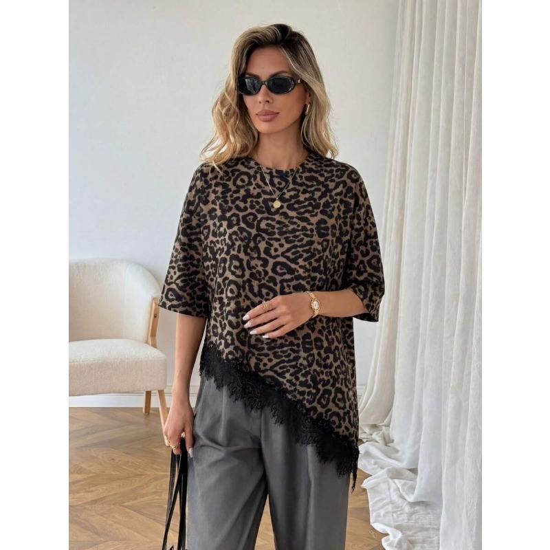 VEZFAA Damenmode Lässig Sommer Frühling Leopardenmuster 1/2 Ärmel O-Ausschnitt Blusen & Hemden