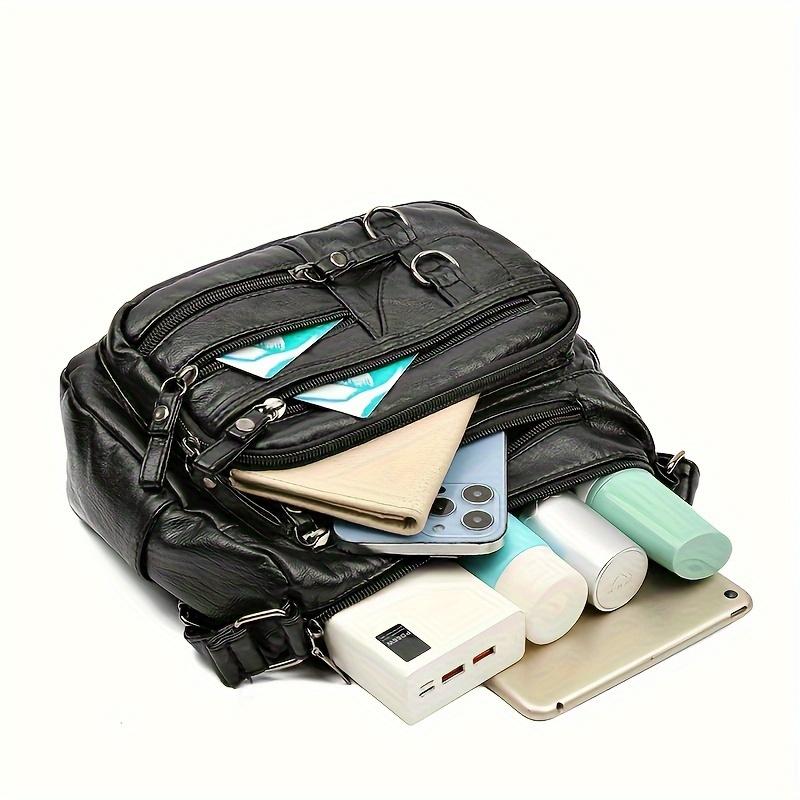Elegante bolso bandolera retro de color sólido: Piel sintética suave, bolsillos con múltiples cremalleras para la mujer moderna