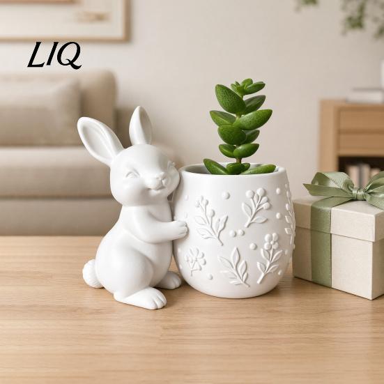 Desktop Ornament Planter 3D Printed Bunny Hugging Succulents Planter, Cute Rabbit Flower Pot with Embossed Small Green Plant Floral Body, Mini