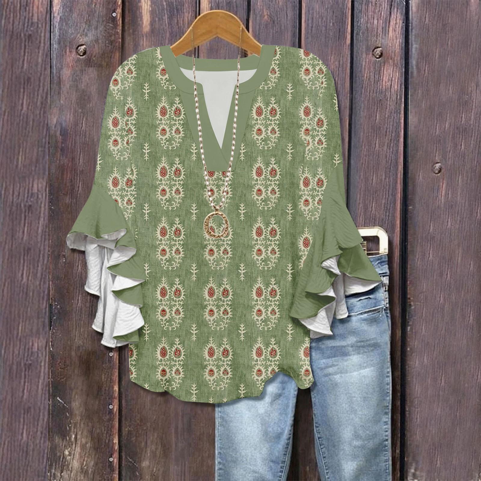 

3/4 Sleeve Shirts For Women Cute Print Graphic Tees Blouses Casual Plus Size Basic Ruffled Sleeve Tops Pullover M