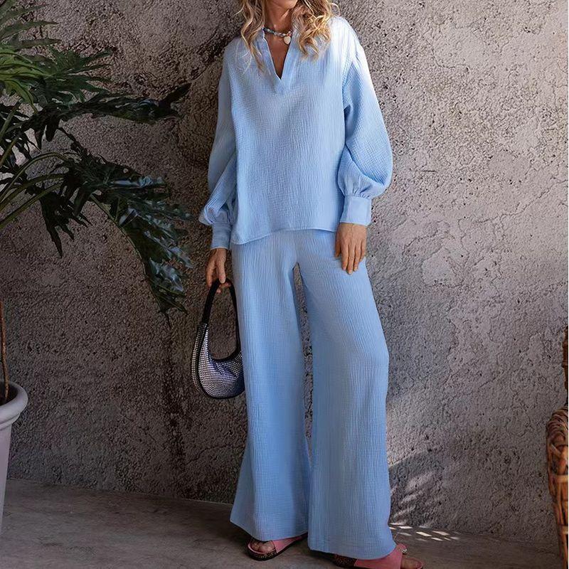 New Arrival Loose Bishop Sleeves Top Pants Suit Lantern Sleeve Top Long Pants Set