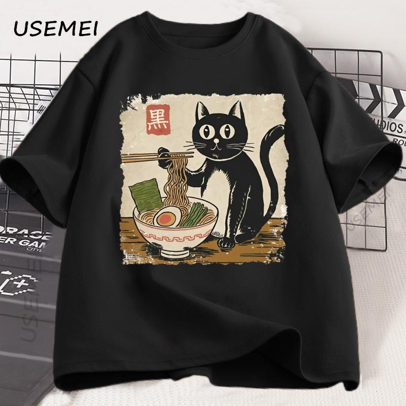 Funny Black Cat Ramen T-shirt Men Women Japanese Graphic Tees Kawaii Cat Anime Print T Shirt Casual Short Sleeve Mens Clothes
