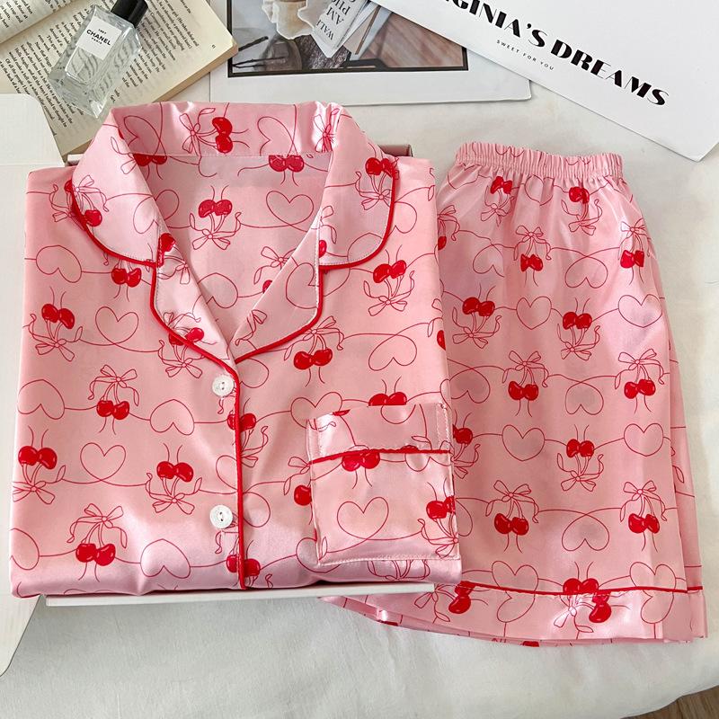 Love High-End Ice Silk Pajamas Women'S Summer Thin Short-Sleeved Sweet Loungewear Set