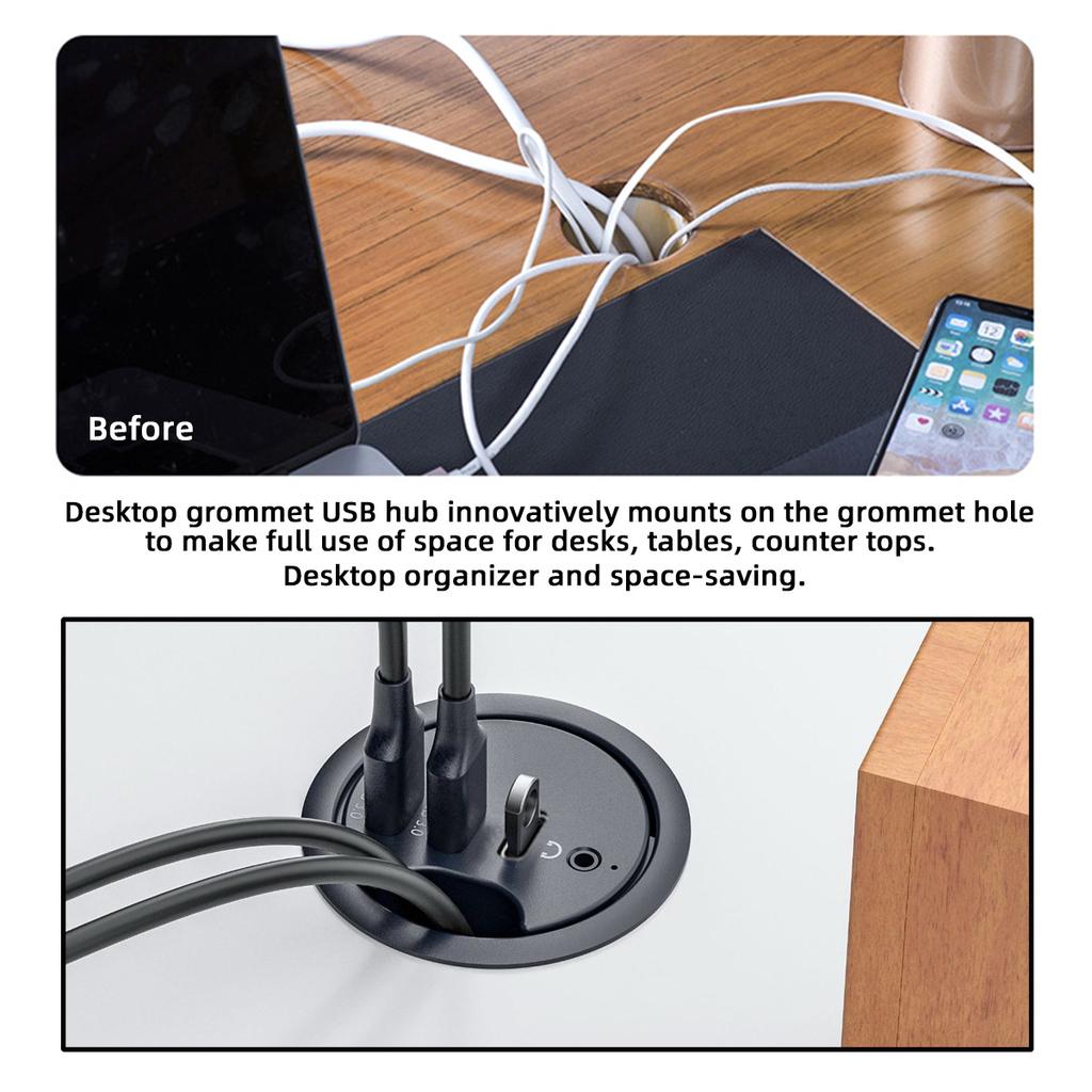 U3-095-HUB05 USB 3.0 Hub 2xUSB3.0 + 3.5mm + Type-C 60mm Desk Grommet Splitter Dock Station