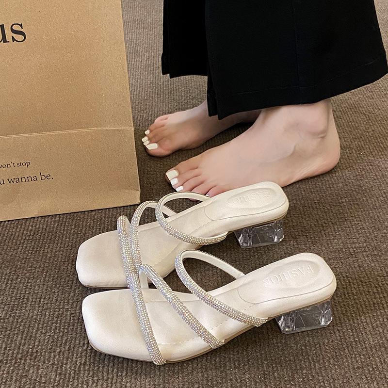 French High-heeled Slippers for Women's Summer Wear 2024 New Rhinestone Small Fragrant Transparent Word with Thick Heel Crystal Sandals