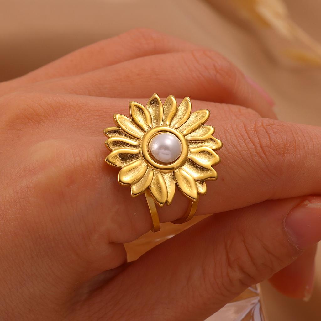 Flower Fashion Anillos For Women Fake Pearl Gold Color Rings Stainless Steel Geometry Sunflower Ring Jewelry Party Daily Gifts
