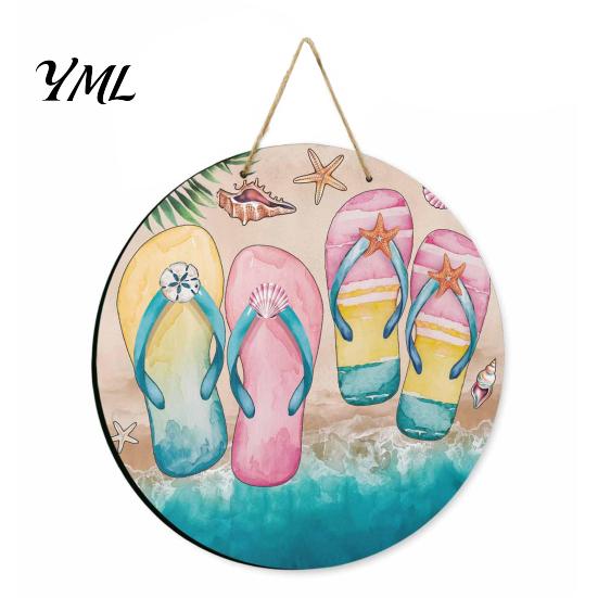 Summer Beach Decor Round Wooden Door Hanger, Watercolor Welcome Sign, Hello Sunshine Indoor Outdoor Wall Hanger Please Plaque for Porch Decorative