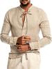 Camicia da uomo beige in lino testurizzato a maniche lunghe con allacciatura e colletto alla coreana - Top Boho per vacanze estive