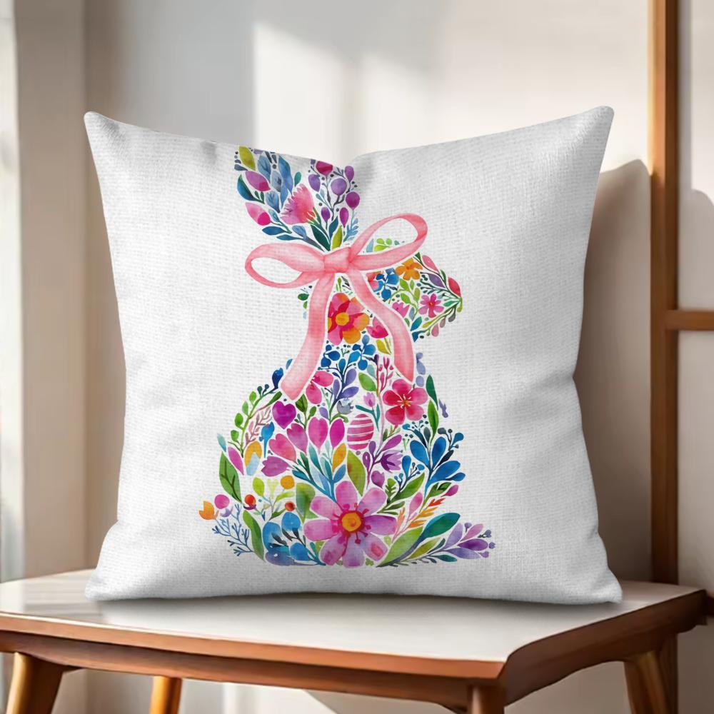 Cute Easter Bunny Cushion Cover Natural Linen Organic Fabric DoubleSided Printing Couch Pillow Covers Home Decor