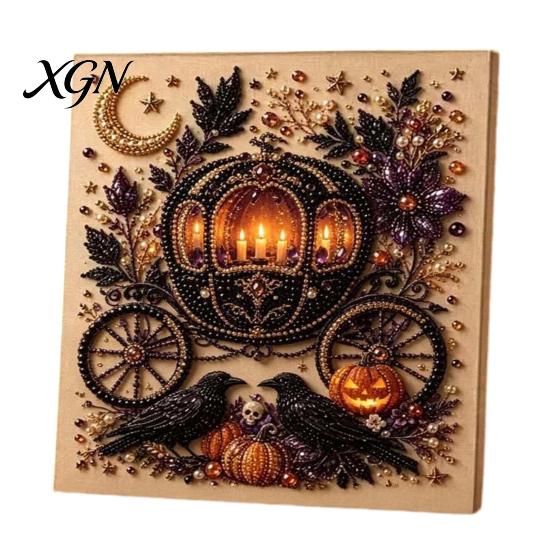 Interactive Parent Child Crafts Halloween Faux Pearl Art Kit, Pumpkin Ghost DIY Painting Theme Bead 3D Craft Set for Adults, Handmade Wall Stress