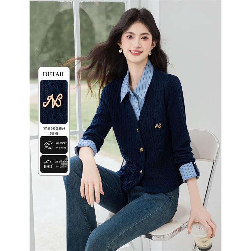 Women s Striped Knit Spliced Faux Two-Piece Shirt XL