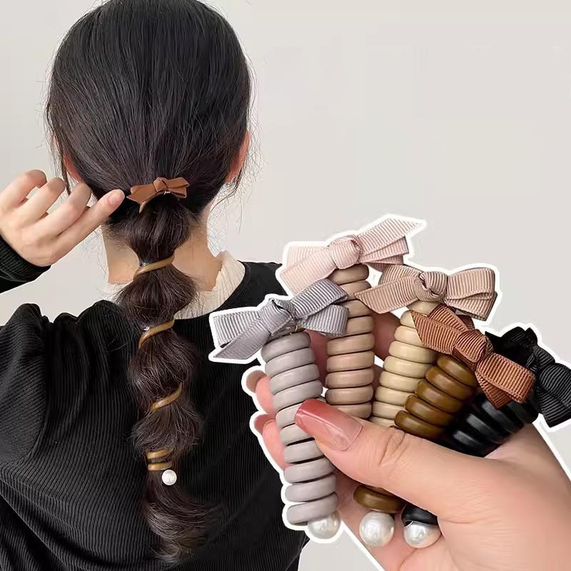 Bowknot Braided Telephone Wire Hair Bands,Spiral Hair Ties Phone Cord With Pearl,Waterproof High Elastic Rubber Hair Band