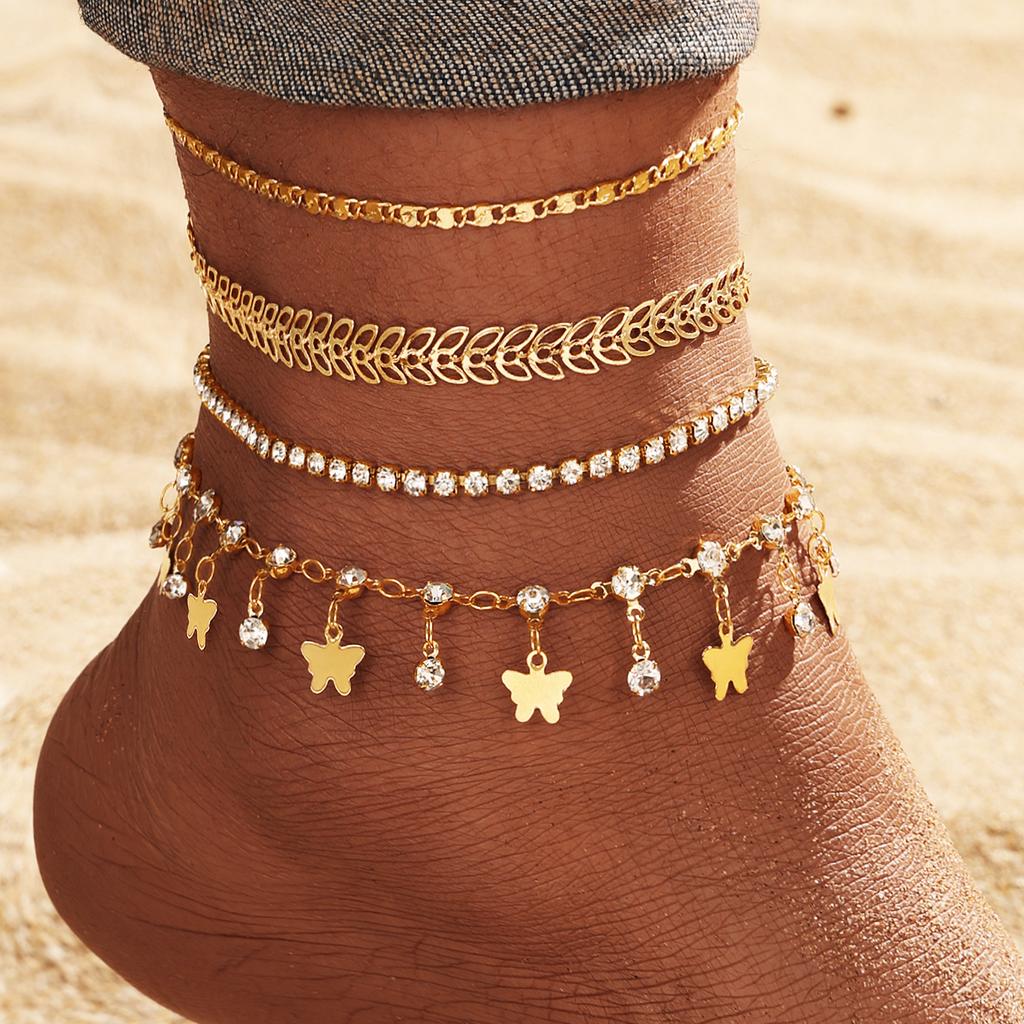 5 in 1 Bohemian beach rhinestone tassel butterfly anklet for ladies
