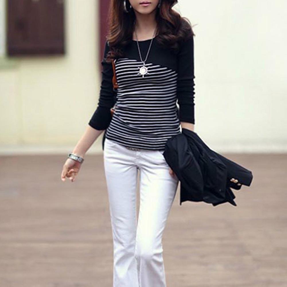 Global Selling Women Stripe Print Long Sleeve Round Neck T-Shirt Slim Fit Top