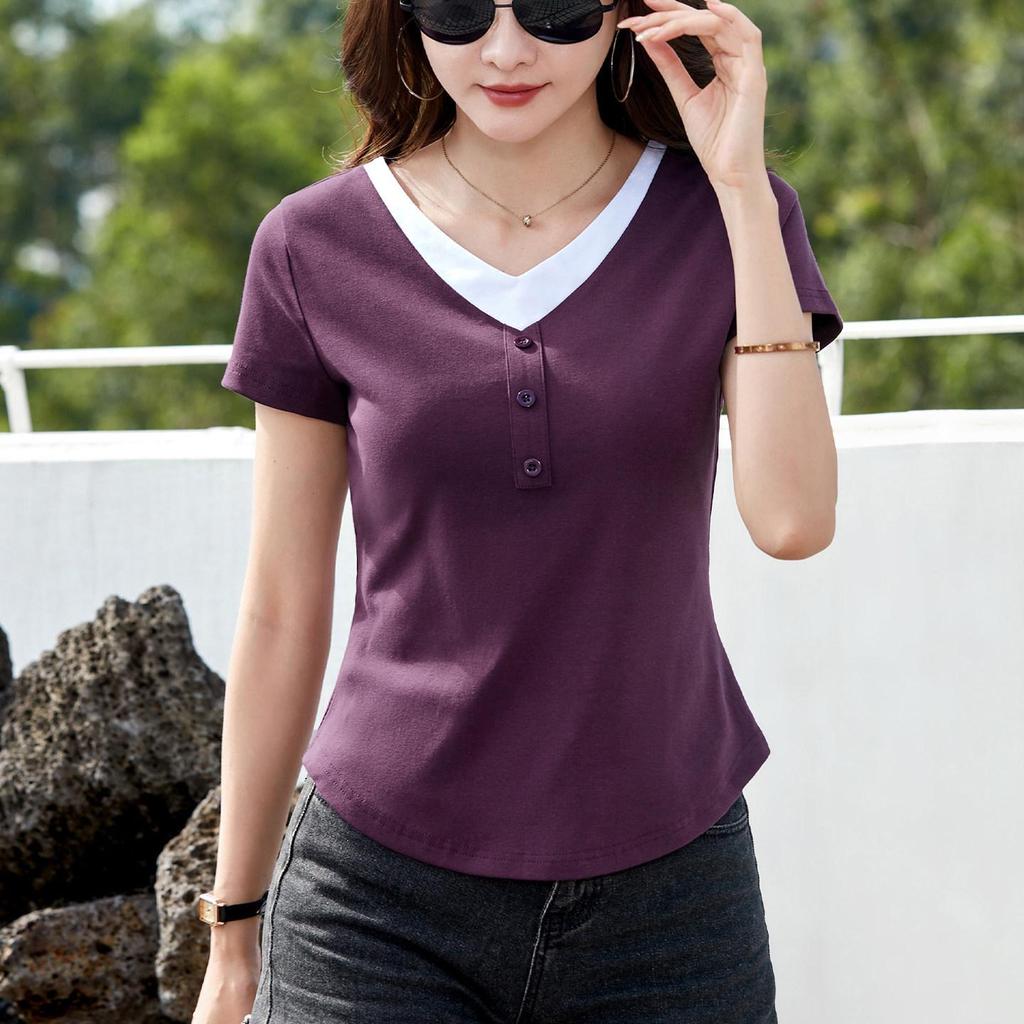 2026 Summer Women's Stylish V-neck Color Block Slim Fit Short-Sleeve Fake Two-Piece Top