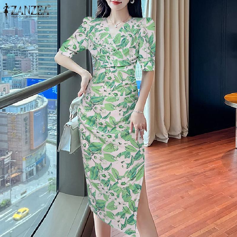 

ZANZEA женское летнее плиссированное платье с v-образным вырезом и короткими рукавами и принтом на талии
