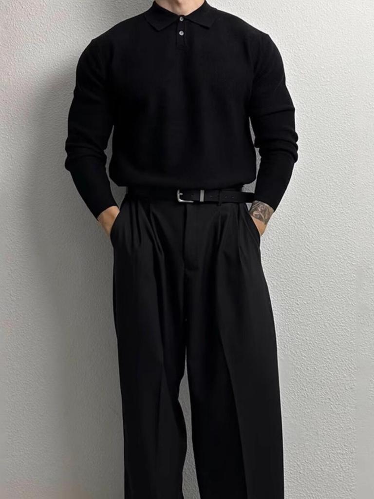 Polo en maille tendance décontracté haut de gamme pour homme à manches longues - Style coréen Printemps/Automne, Pull ample légèrement mature et polyvalent