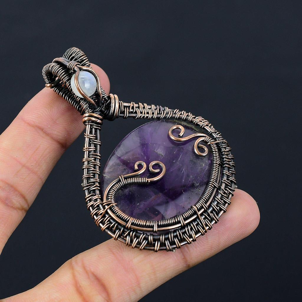 Amethyst Gemstone Pure Copper Wire Wrapped Handmade Pendant Jewelry For Gift