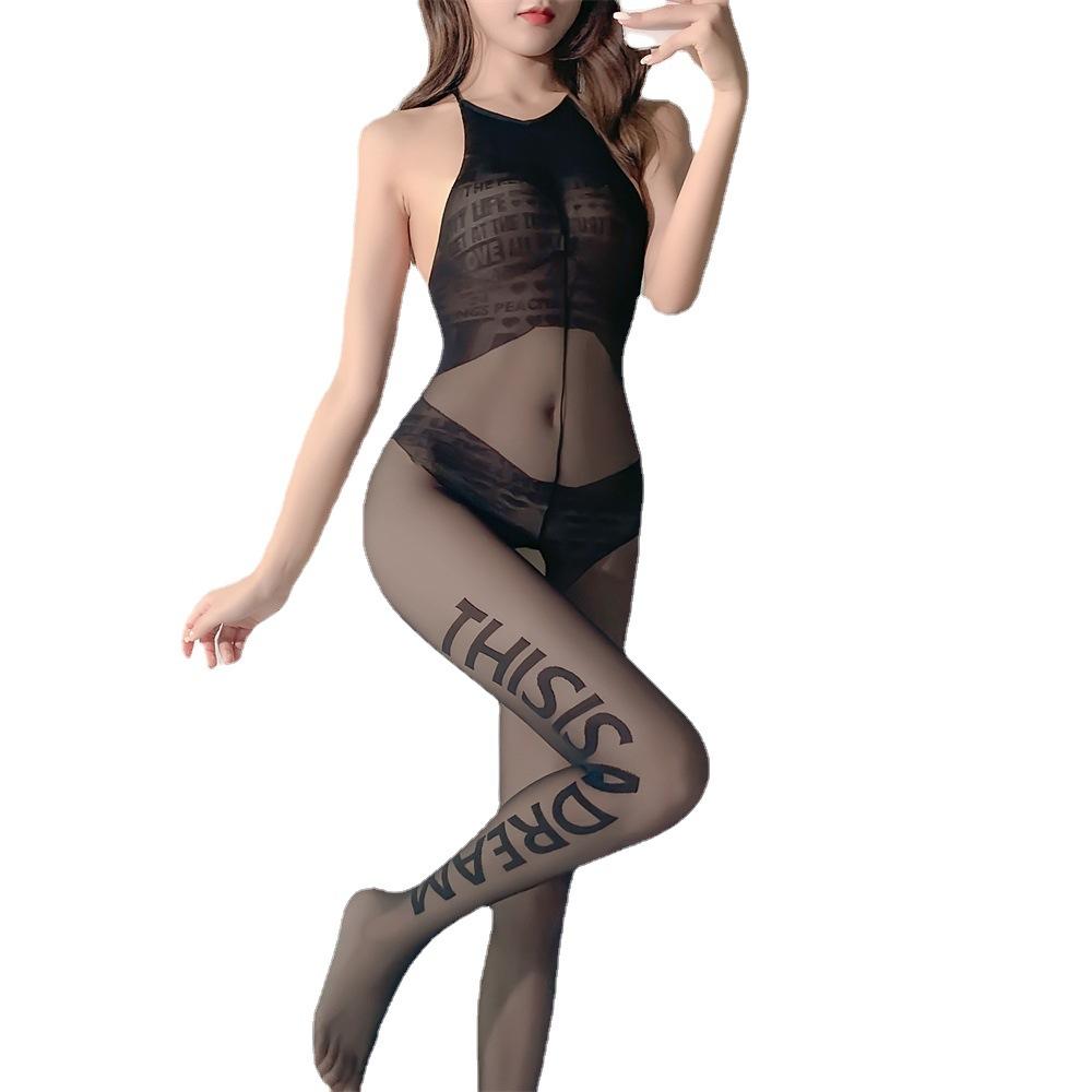 Sex interest black silk sexy stockings transparent perspective seduction passion suit one-piece socks leaking back letters can be torn