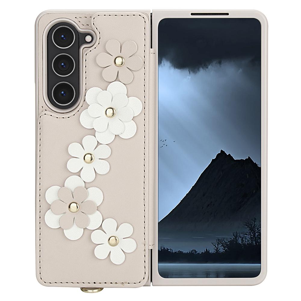 For Samsung Galaxy Z Fold5 5G Case Card Slots Leather Coated TPU Flower Phone Cover with 2 Straps
