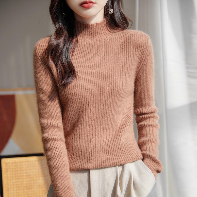 Maglione a collo alto a metà, tinta unita ispessito, pullover aderente, maglia a costine sottile per autunno e inverno, maglia di base