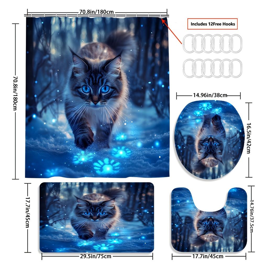 4Pcs Enchanted Cat Shower Curtain Set with Non-Slip Bath Mat, Toilet Lid Cover, Contour Rug & 12 Hooks, Bathroom Decor